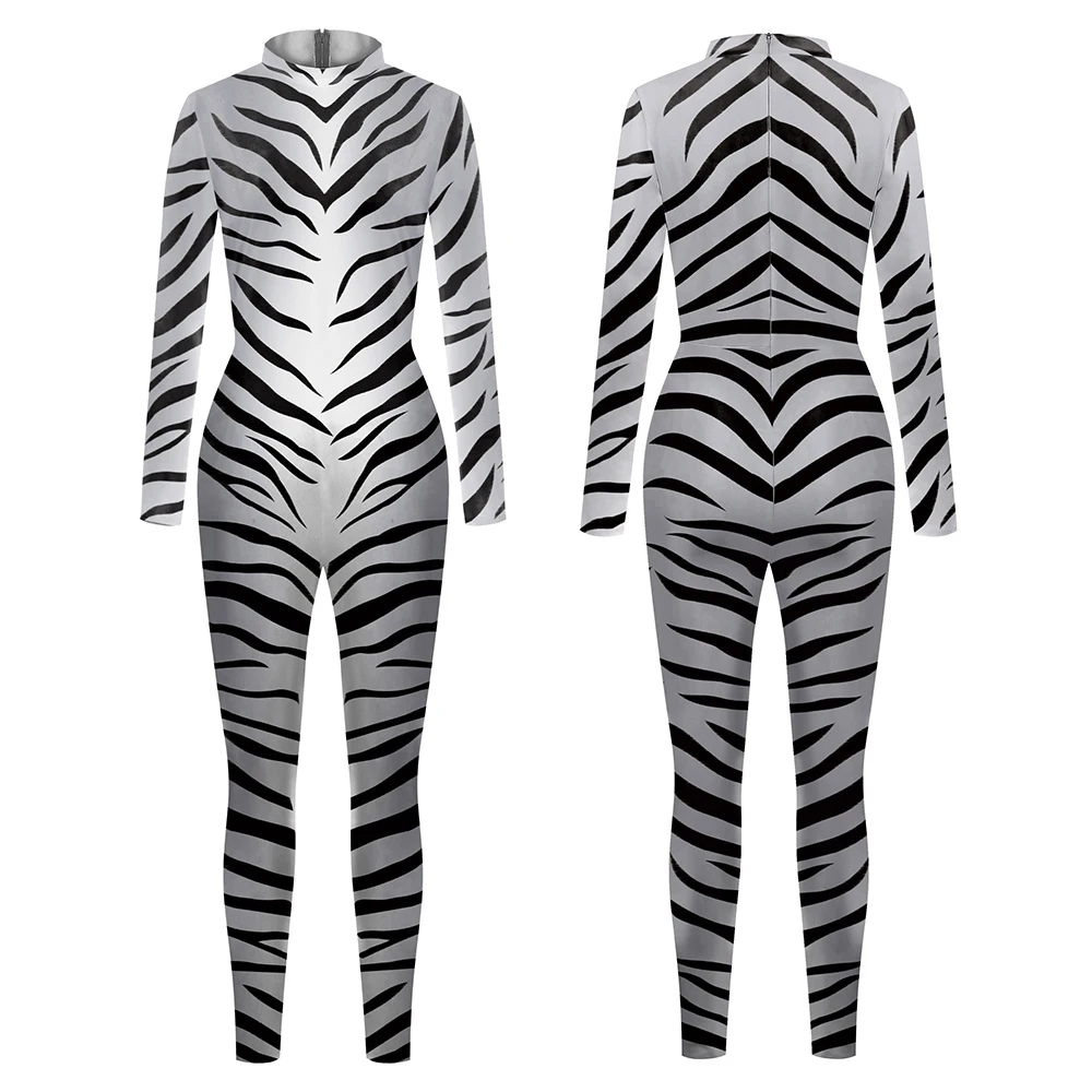 Zebra Pattern Jumpsuit Halloween Zebra Cosplay Costume Skinny Bodysuit Animal Cos Catsuit Adult Long Sleeve Zentai