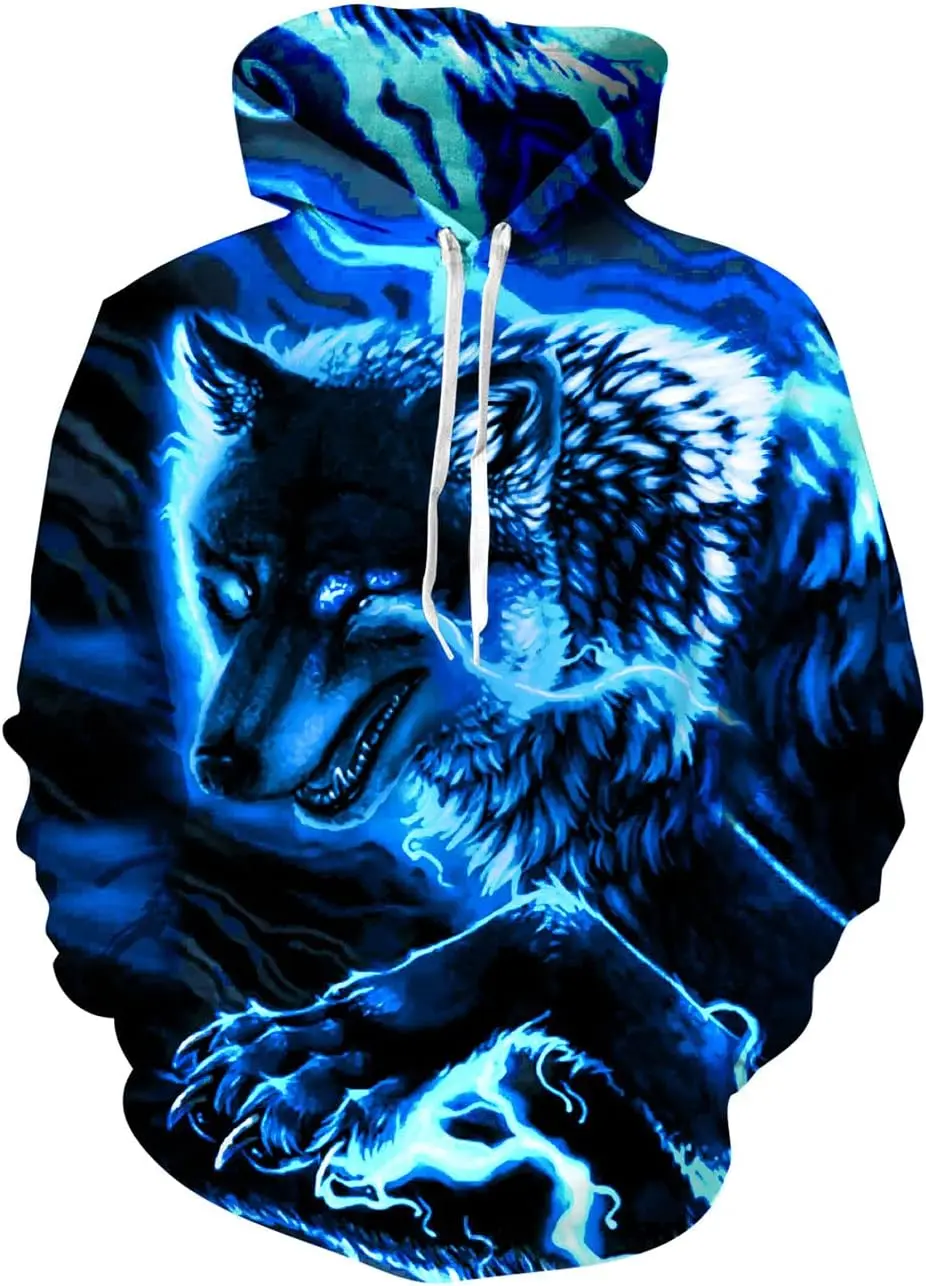 thumbnail image 1 of Sudadera con capucha de gran tamaño para hombre 2024, estampado 3D de lobo animal, moda feroz, divertida, estilo hip hop callejero, informal, 1 of 5