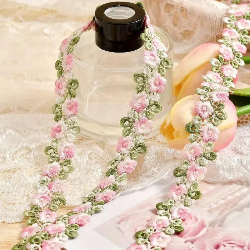 Pink Green Lace Trim Craft Flower Lace Fabric Venise Floral Embroidered Applique Decorated Ribbon 2CM Wide 1Yard lace fabric