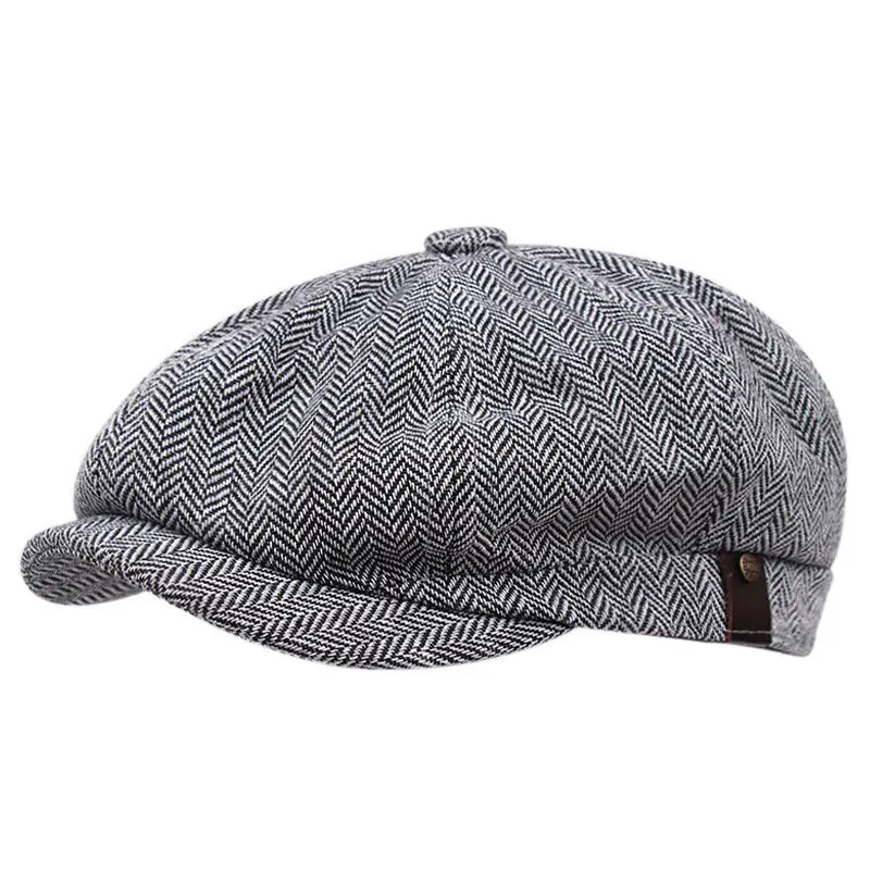 2022 new men's newsboy hat retro octagonal herringbone stripe winter beret mens black beret Berets