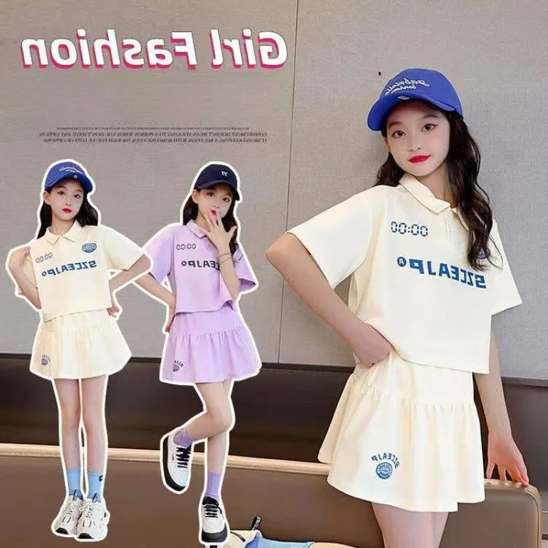 Summer Teenage Girl Clothes Set Children Letter Print Lapel Tshirt and Skirts Suit Kid Short Sleeve Polo Top Bottom Tracksuit 1