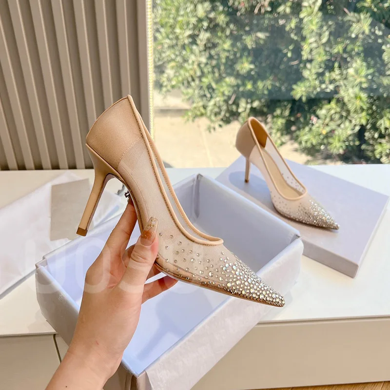 New Spring and Summer Women High Heels Designer Mesh Luxury Full Crystal Pointed Toe Shoes High Medium Heel Flat Dress Shoes