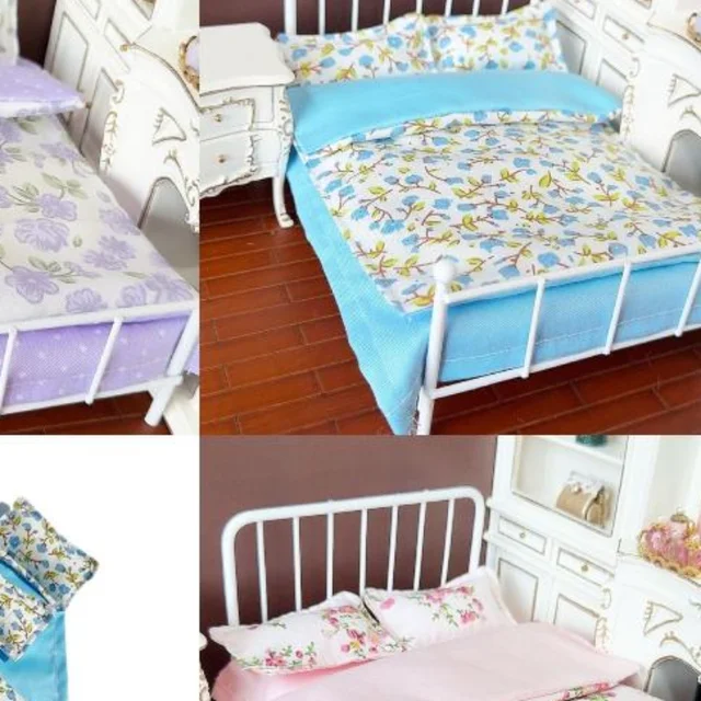Ensemble de literie miniature pour maison de poupée 1/12, quatre pièces, drap, couette, oreiller, housse de couette, décoration de chambre de poupée, jouet 1