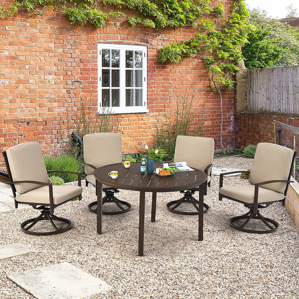 Patiojoy 5pcs Patio Rattan Dining Set Swivel Chairs Cushioned Round