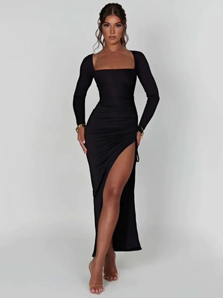 Sexy Bodycon High Split Drawstring Dress Women Long Sleeve Tight Evening Dress Party Female Elegant Maxi Dress AutumnNew