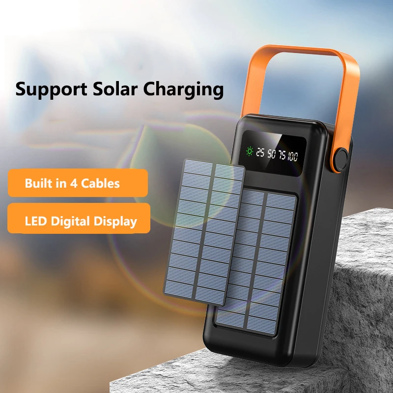 Solar Power Bank 50000mAh Built in Cable Portable Charger External Battery Pack Powerbank 50000 For iPhone Xiaomi Samsung Huawei