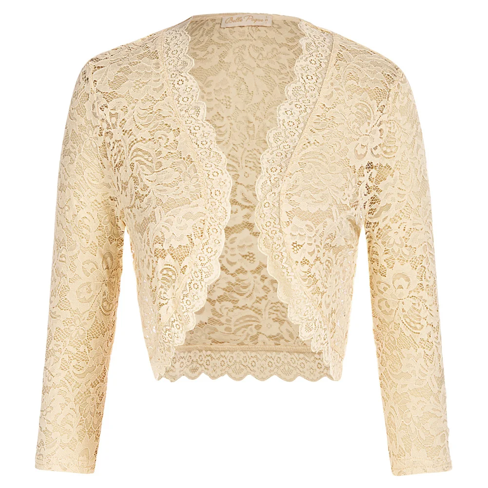 BellePoqueWomenVintageLaceShrug34SleeveOpenFrontSeeThrough