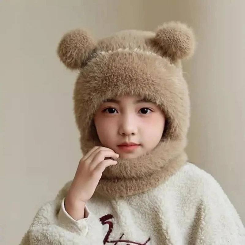 Kids Plush Scarf Pullover Cap Winter Warm Ear Protection Hat 2-10 Years Children One Piece Beanie Bear Neck Protection Cap