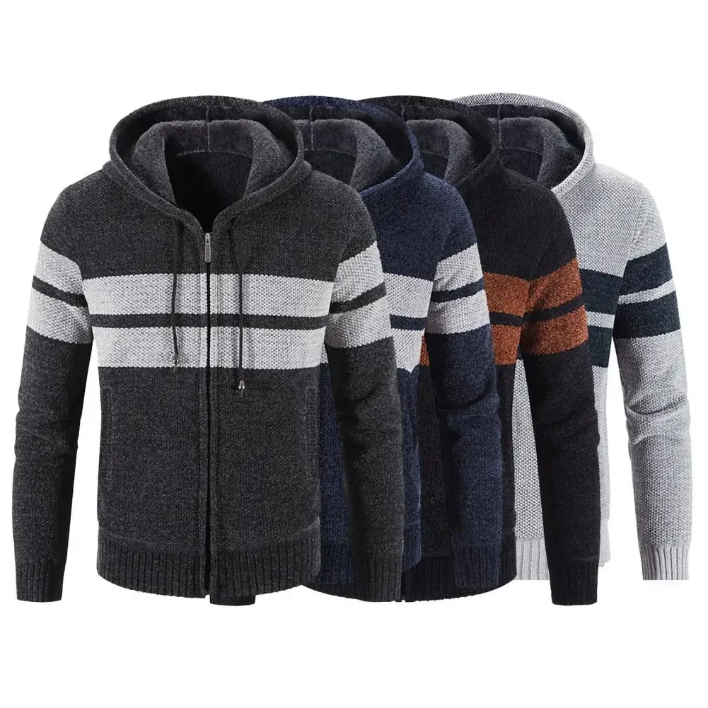 Description Picture 4 of itemFashion New Winter Cardigan Men Striped Hooded Sweater Jackets Casual s Thick Warm Knitting Sweatercoat Clothing