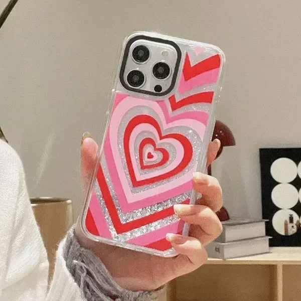 Transparent Border Silver Quicksand Pink Heart iPhone 12 13 14 15 Pro Max Case - Protective iPhone Case