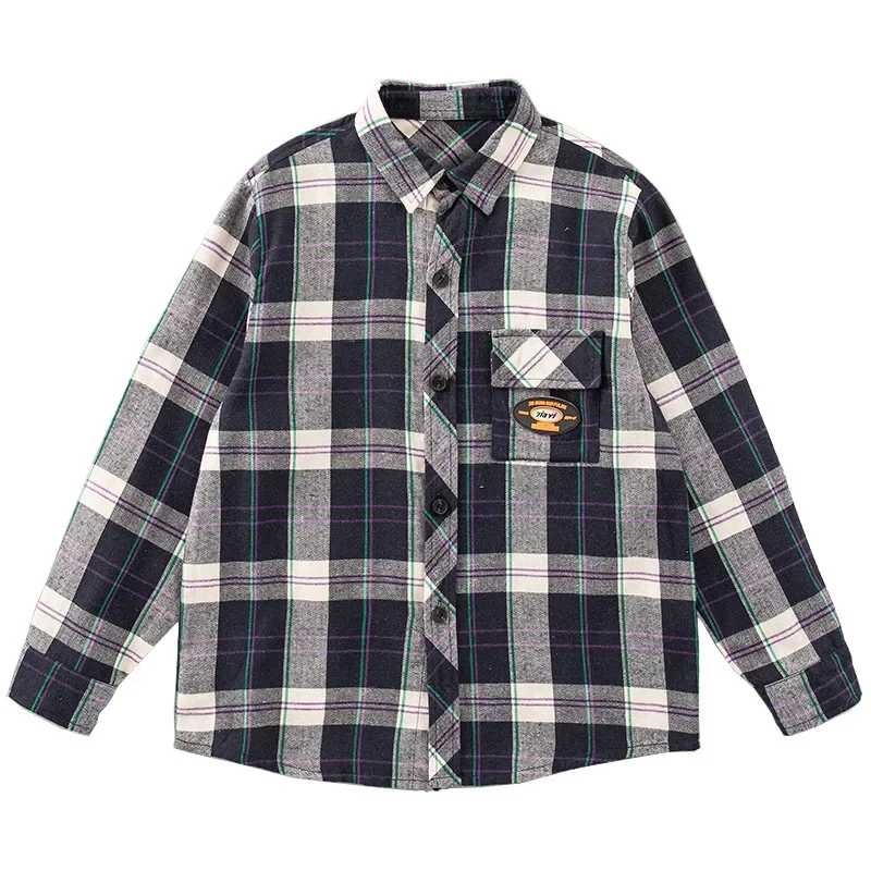 New Children's Plaid Shirt Korean-Style Trendy Long-Sleeve Autumn Lapel Round-Neck Top For Boys And Girls