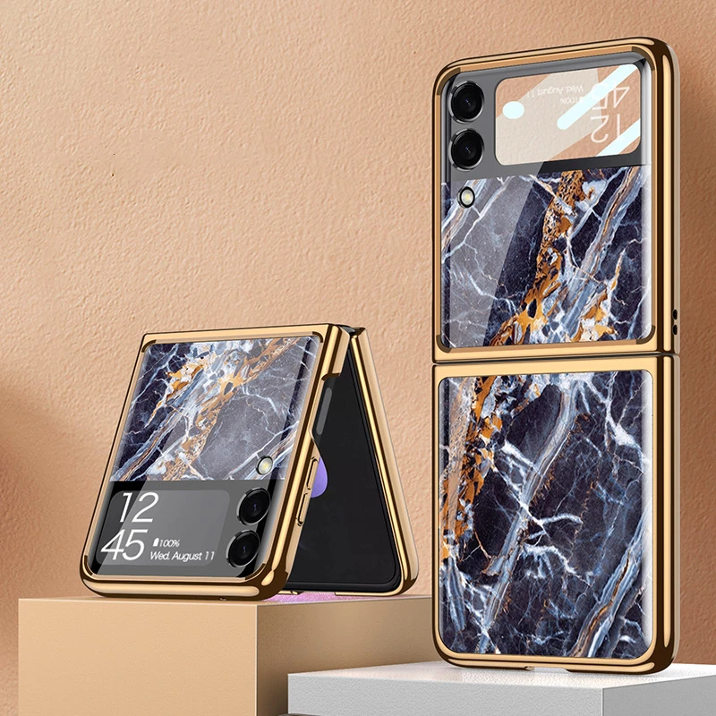 

Case for Samsung Galaxy Z Flip 4 5G Marble Tempered Glass Hard Cover With Plating Frame and Small Lens Film Glass