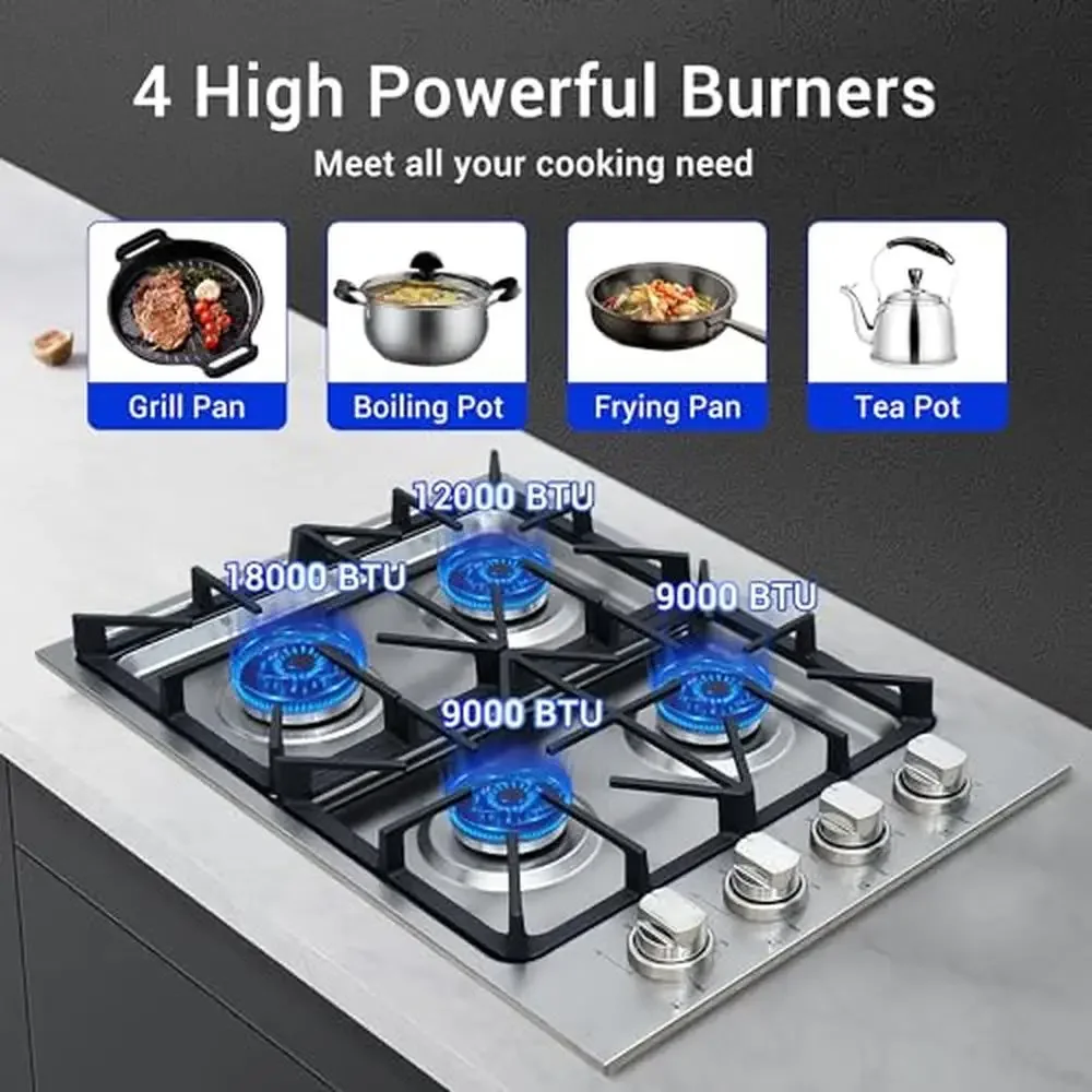 30" NG/LPG Gas Cooktop 4 Sealed Burners Stainless Steel 18000BTU Max 3