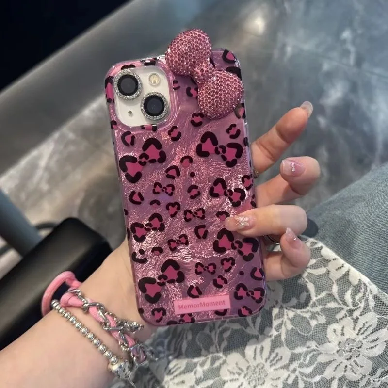 Leopard Blink Diamond Candy Bowknot Lustre Lining Phone Case