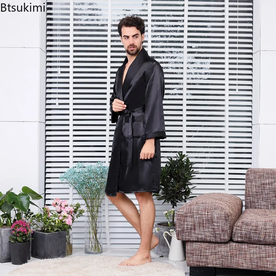 2024 New Men's Thin Pajamas Robes Bathrobe Black Lounge Silk Satin Nightwear for Men Comfort Noble Dressing Gown Male Homewear