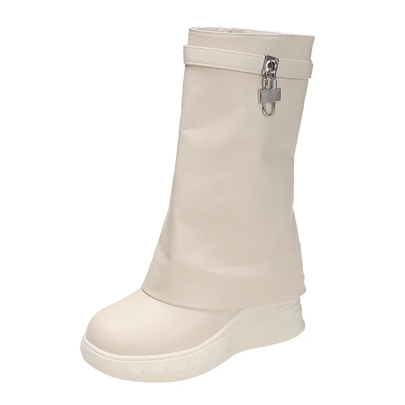 Shoes for Women 2023 Winter Pull on Mid Tube Women Boots Solid Color Round Toe Turned-over Edge Platform Water Proof Shoes Women