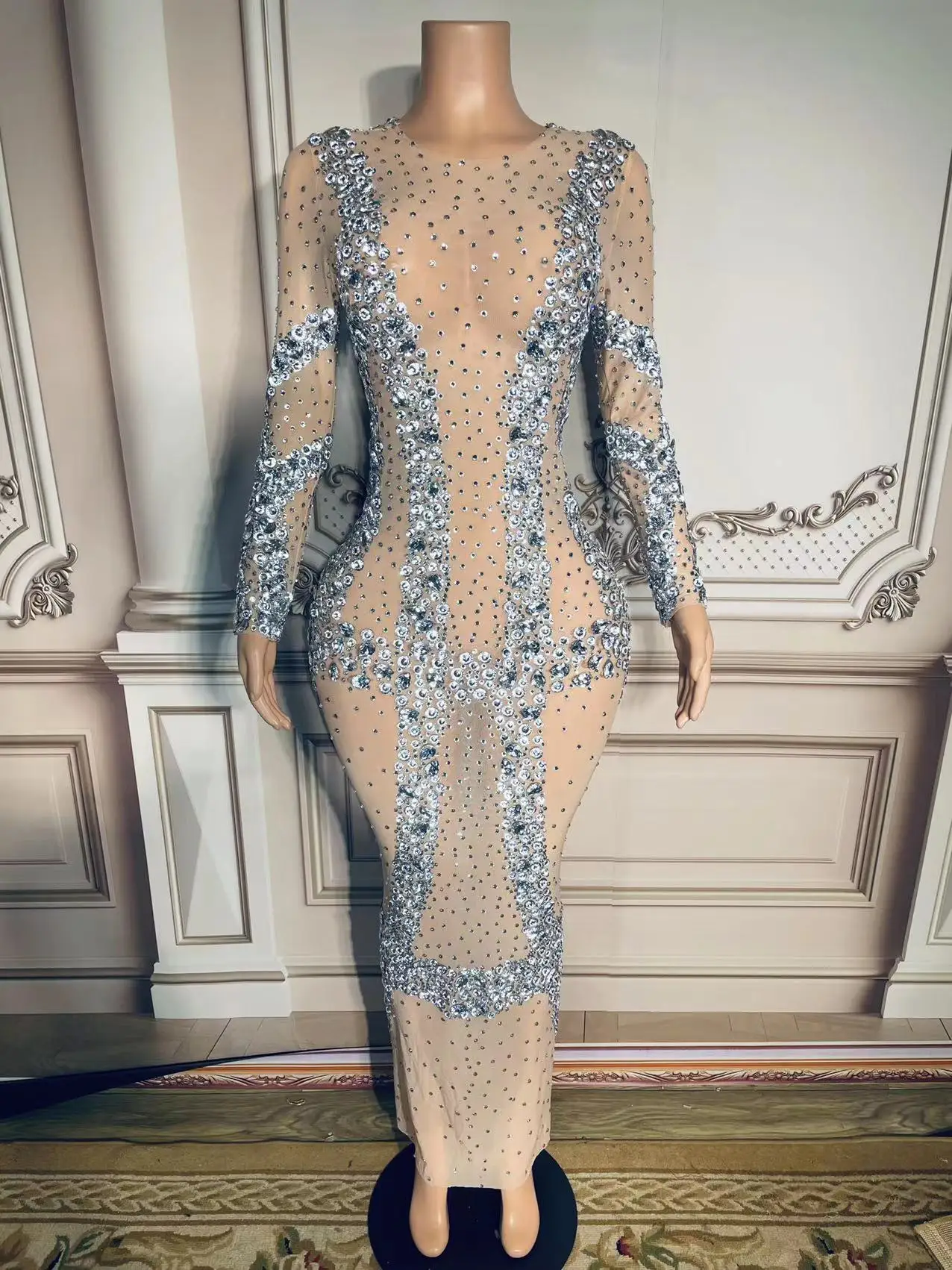 

Sexy Big Stones Dress Mesh Birthday Celebrate Evening Wear Female Singer Show See Through Dress