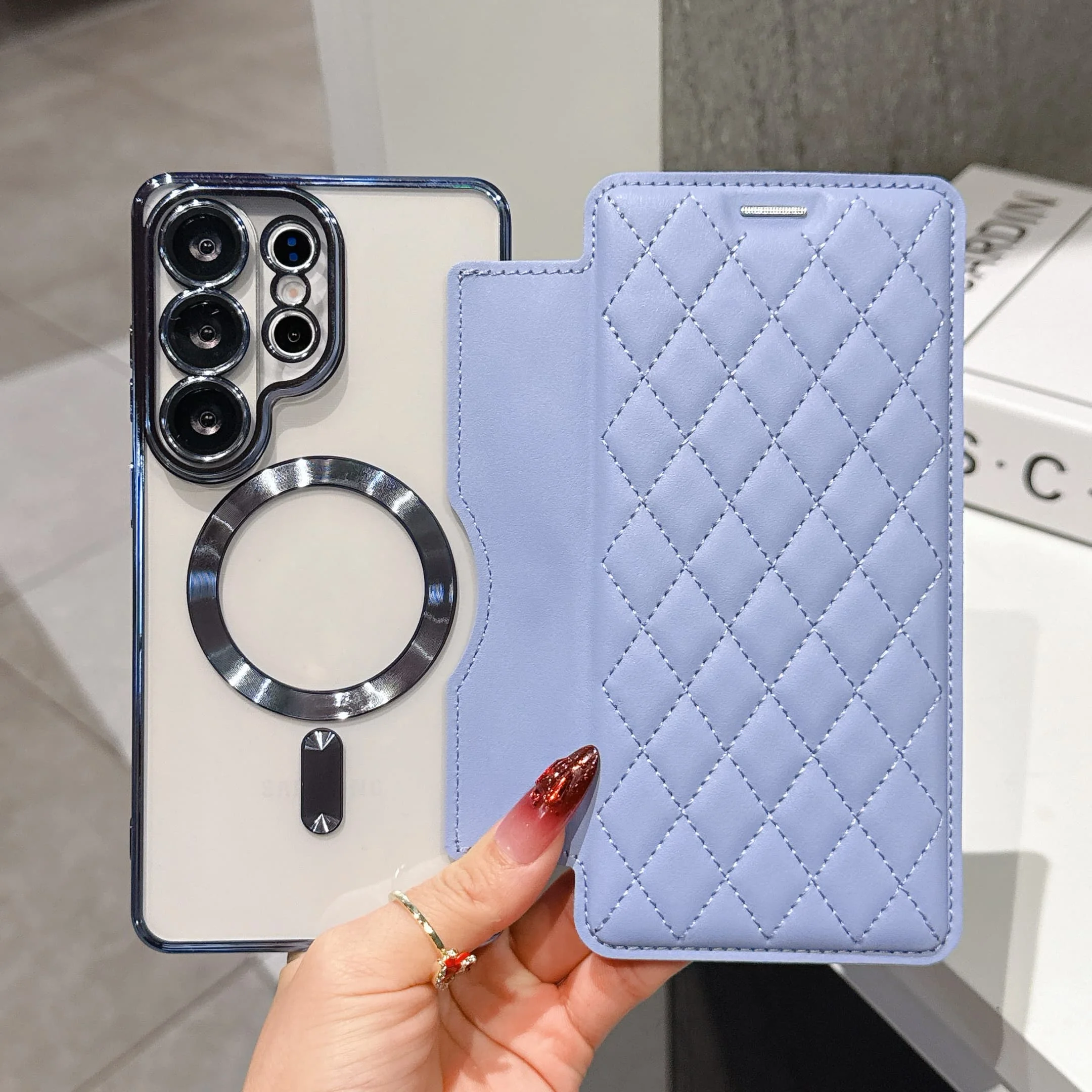 Premium PU Leather Magnetic Flip Wallet Case with Card Slots and Wireless Charging Compatibility