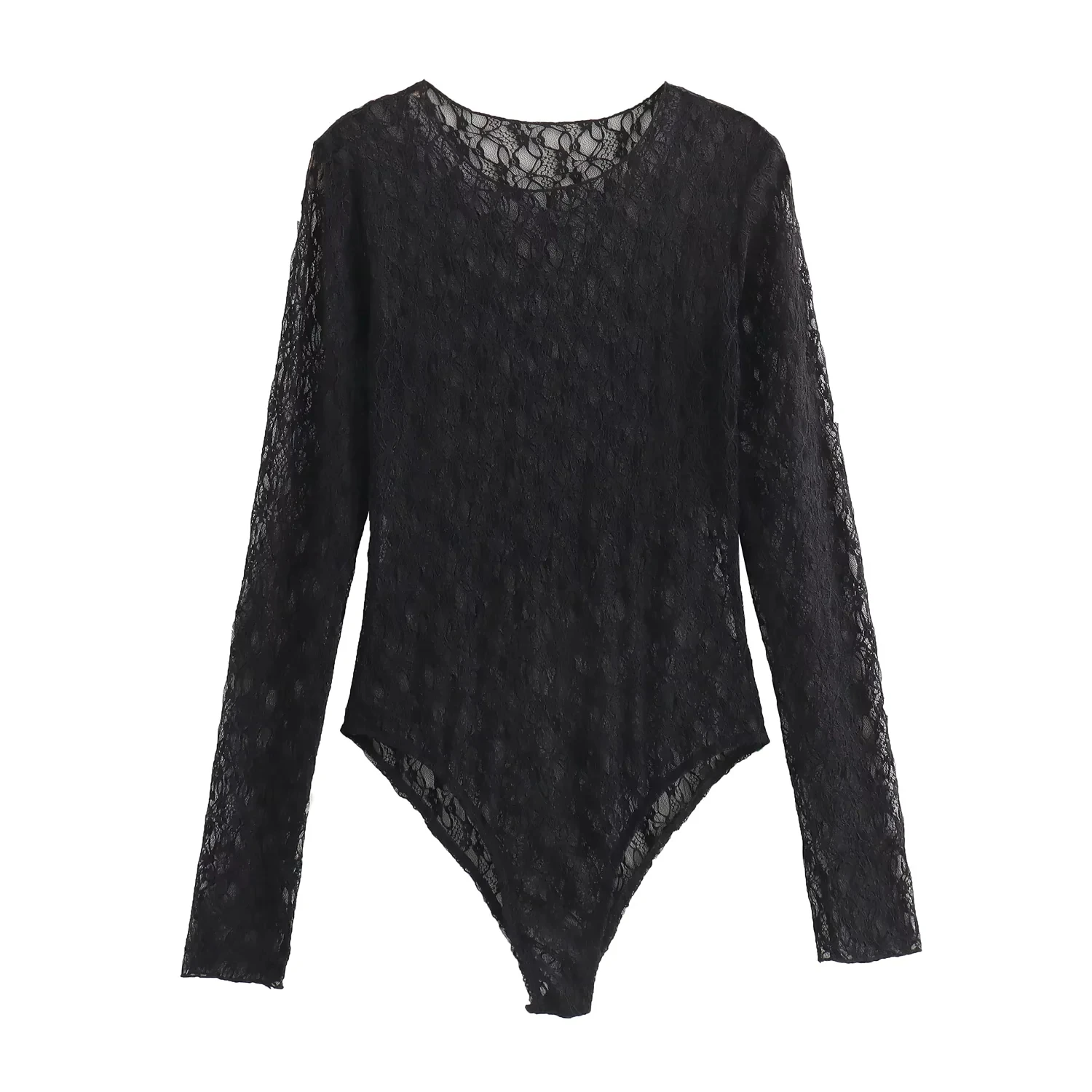2024 Spring Autumn Woman Lace Bodysuit Fashion Long Sleeve Vintage O-Neck Causal Elegant Jumpsuit Slim Tops