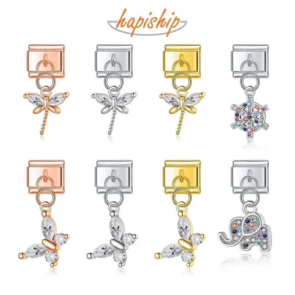 Hapiship 2023 nueva moda Color CZ elefante libélula encanto enlace italiano ajuste DIY 9mm pulsera de acero inoxidable joyería DIY DJ600