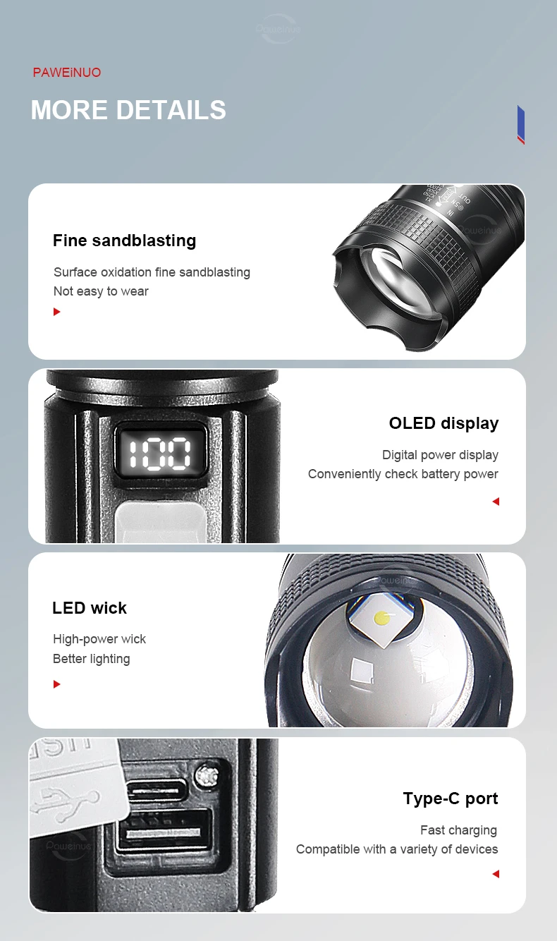 Description Picture 5 of itemNewest High Power LED Flashlight Rechargeable Type-c Flashlight 18650 Long Range Tactical Flash Light Super Bright Torch Fishing