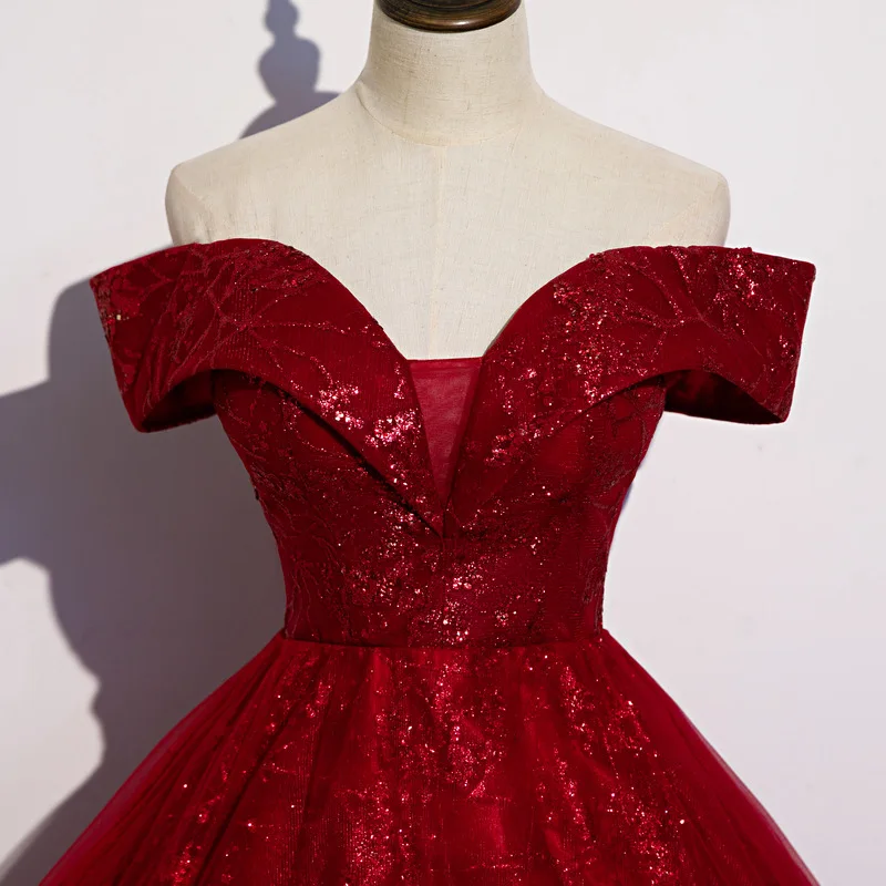Red Evening Dress New Off The Shoulder Classic Elegant Ball Gown Sleeveless Sequined Tulle Banquet Shinning Host Customized party dress