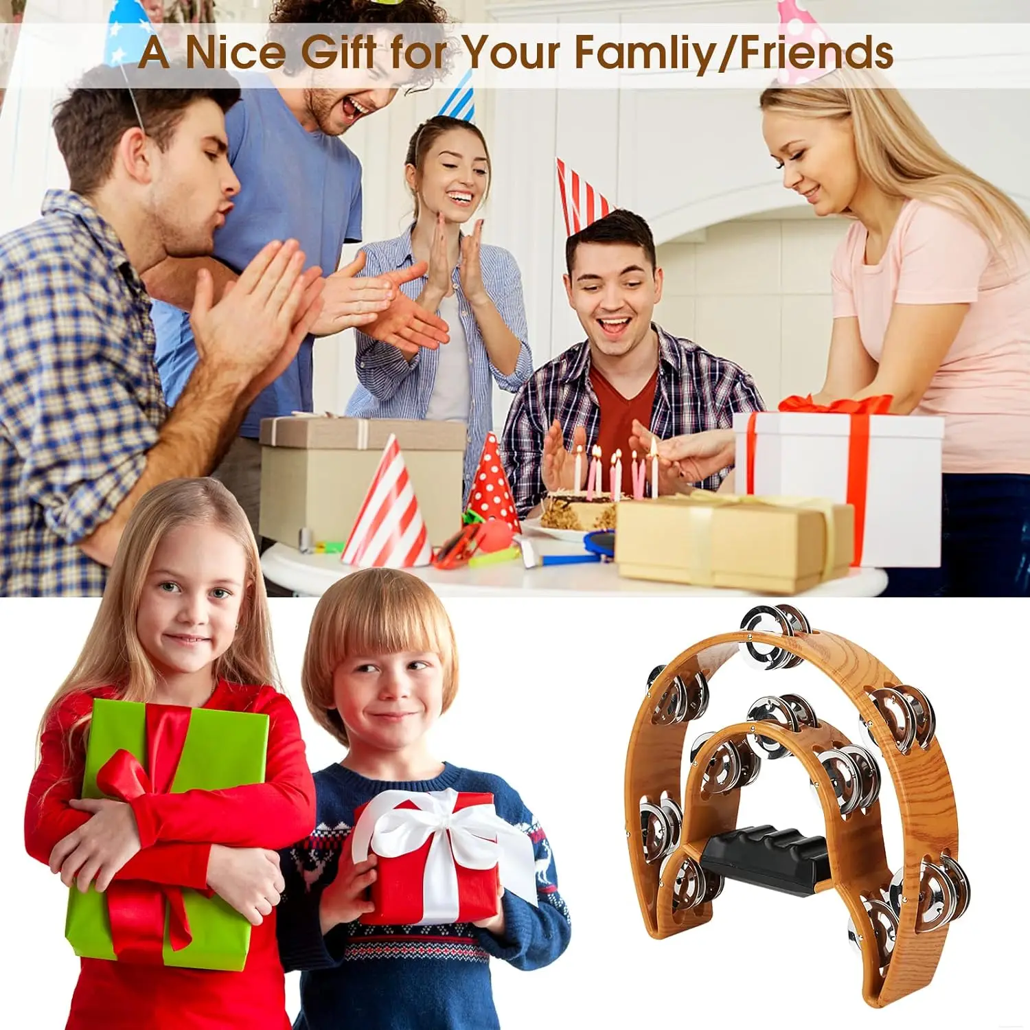 Wooden Hand Tambourine Coffee Color Double-layer Half Moon Shaped For Performance Party