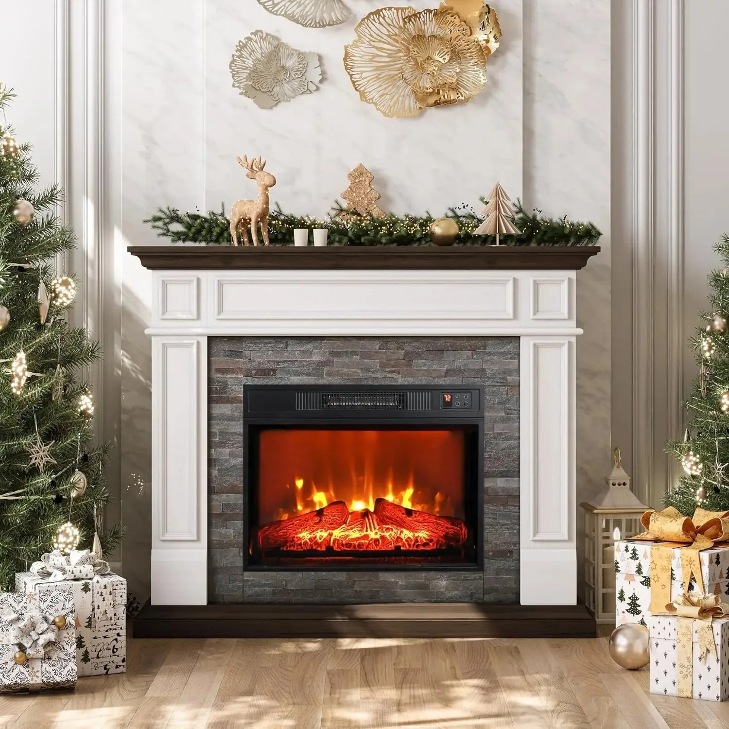 44 Inches Electric Fireplace with Mantel, Portable Freestanding Wood Stove Heater, Realistic 3D Dancing Flame Effect,White&brown 2