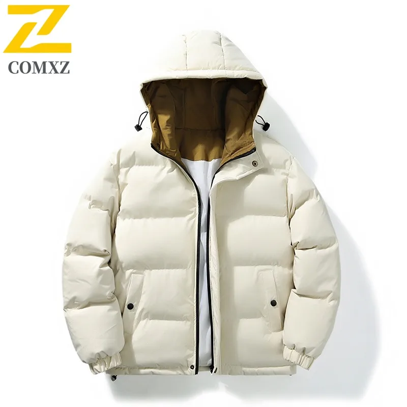 COMXZ 2025 New Men's Fake Two-Piece Cotton Jacket Winter Warm Thickened Hooded Windproof Casual outdoor sports tactics Outerwear