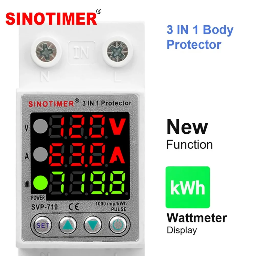 Din Rail Adjust Over Under Current and Voltage Protective Device Protector Relay 40A 63A Power Consumption kWH Meter 110V 120VAC
