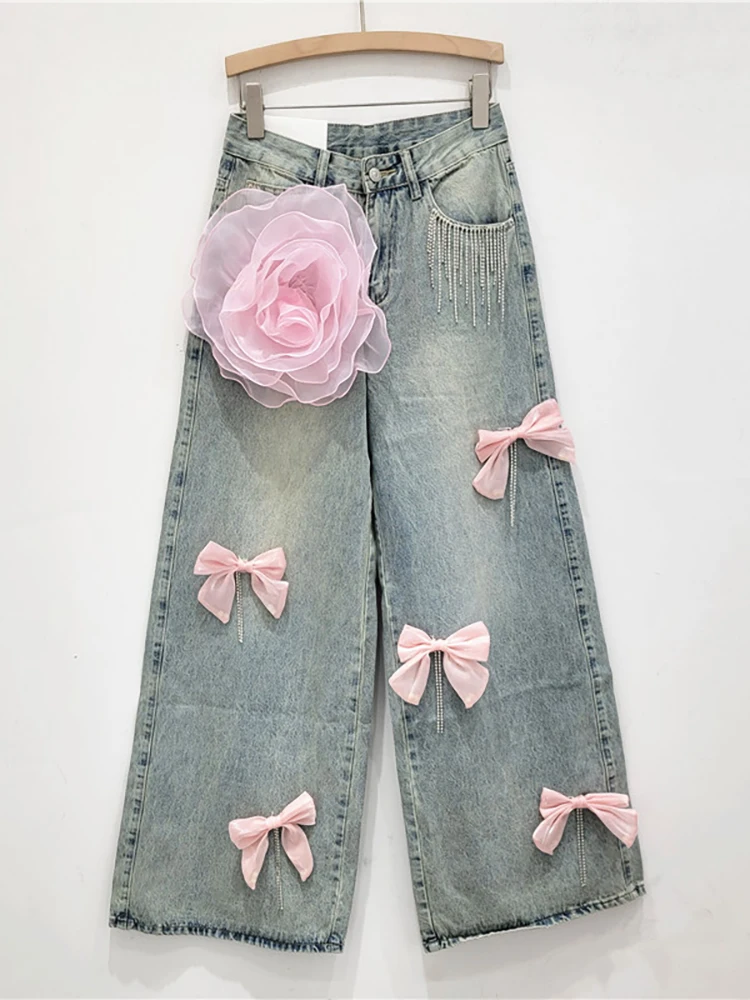 パンツ FAKE AS FLOWERS Gamo aged denim pants DEAT Women's Jeans High Waist Multiple 3d Flowers Diamonds