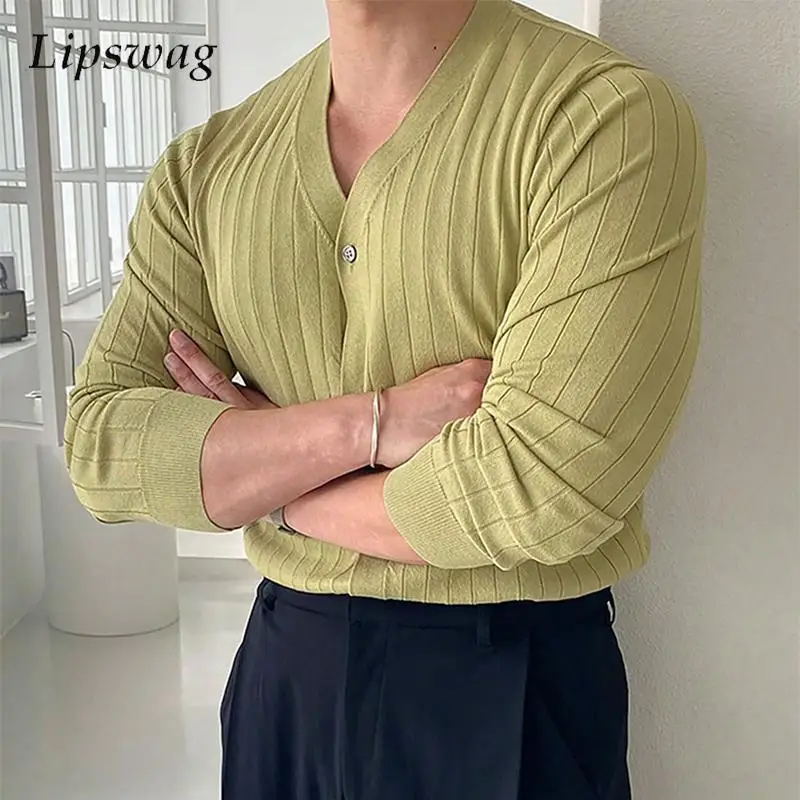 남성용 캐주얼 긴팔 니트 셔츠, V넥 골지 상의, 빈티지 순색 가디건, 단추 스트리트웨어, 가을 신상