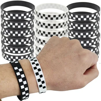 6/12/24pcs Racing Car Rubber Bracelets Silicone Race Car Black White Checkered Silicone Wristbands Race Car Party Favors Decors