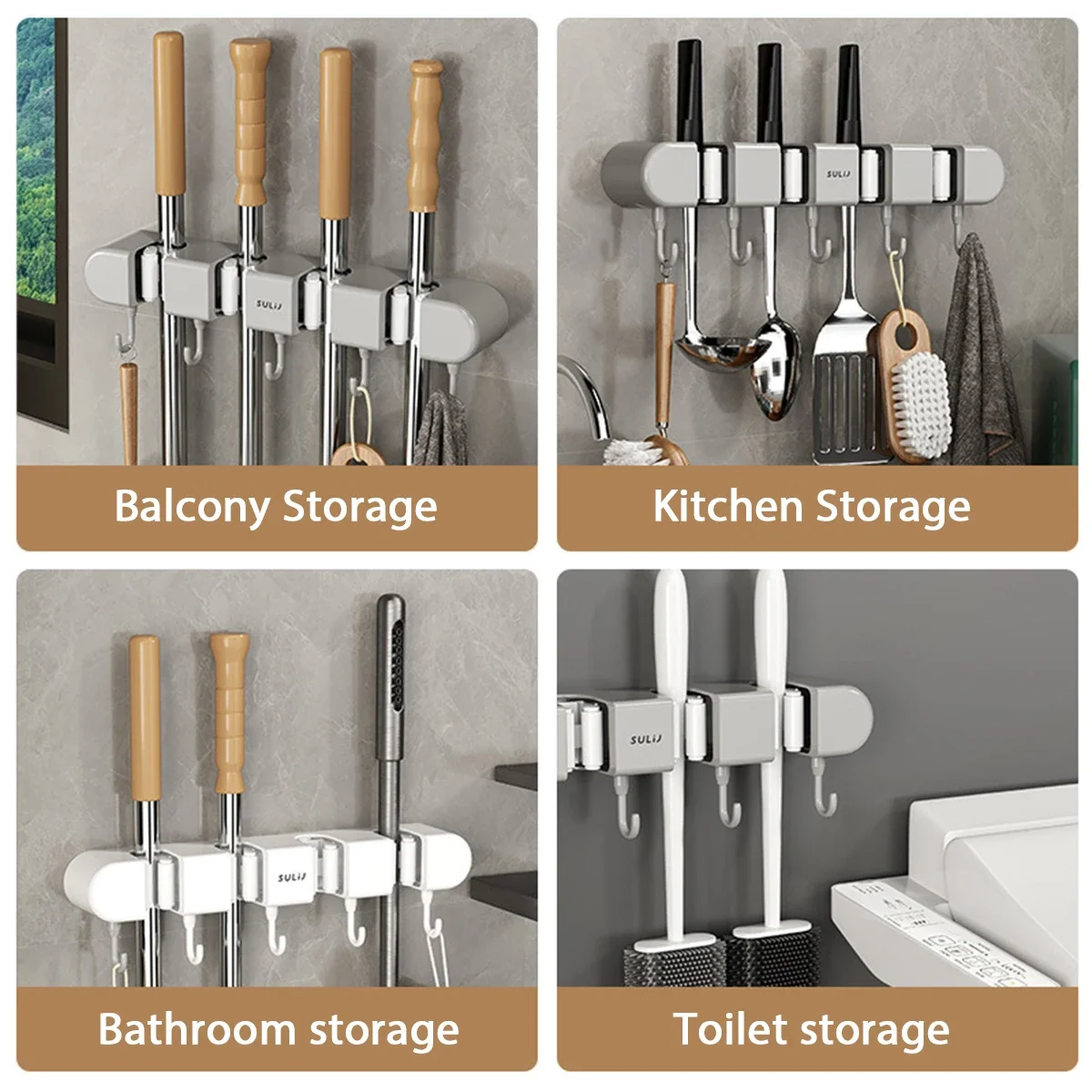 1PCS Mop and Broom Holder Wall Mounted Organizer No Drilling Self-Adhesive Storage Tool Rack with 5 Hooks Mop Holder Hanger