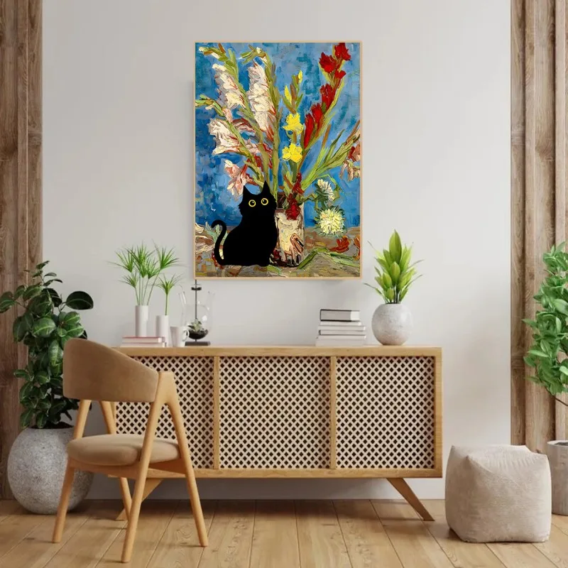 Van Gogh & Monet Inspired Cat Canvas: Starry Night and Sunflowers Wall Art