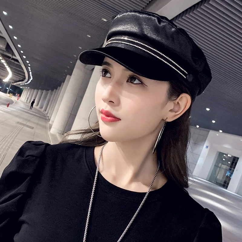 

Women's fashion Beret octagon rhinestone English duck Tongue Navy hat Women's autumn/winter diamond-studded fashion hat