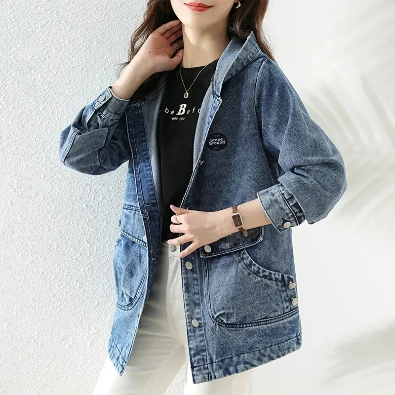 

Denim Jacket Womens Clothing 2024 New Spring And Autumn Versatile Casual Cowgirl Windbreakers Hooded Long Female Outwear Tops