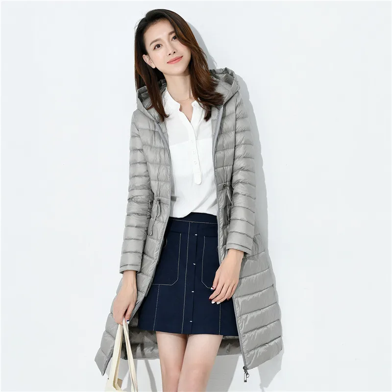 

New Autumn Winter Women Long Down Jacket Light Thin White Duck Downs Coat Parkas Ladies Warm Drawstring Hooded Puffer Outerwears