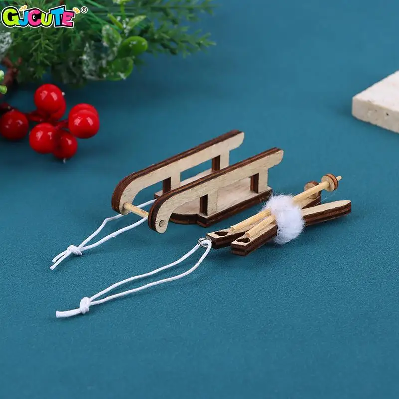 1/12 Dollhouse Miniature Sleigh Sled Ski Poles Pendant Christmas Scene Decoration Dolls House Xmas Accessories Kids Toys Gift 3