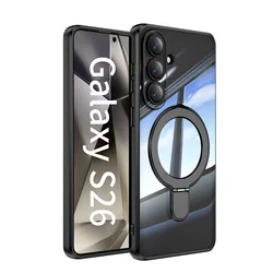 360° Rotating Magnetic Phone Case with Transparent Acrylic Cover and Metal Lens Protection - Galaxy S26 Plus (Black)