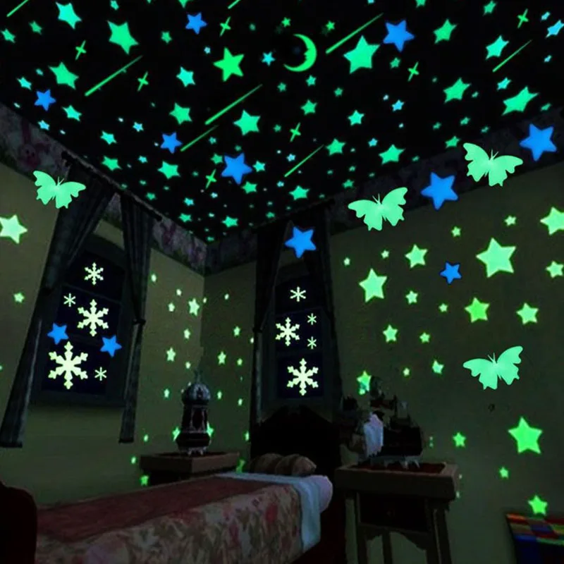 Glow in The Dark Stars Wall Stickers 3D Fluorescent Adhesive Luminous Murals for Kids Baby Room Bedroom Ceiling Home Decorations