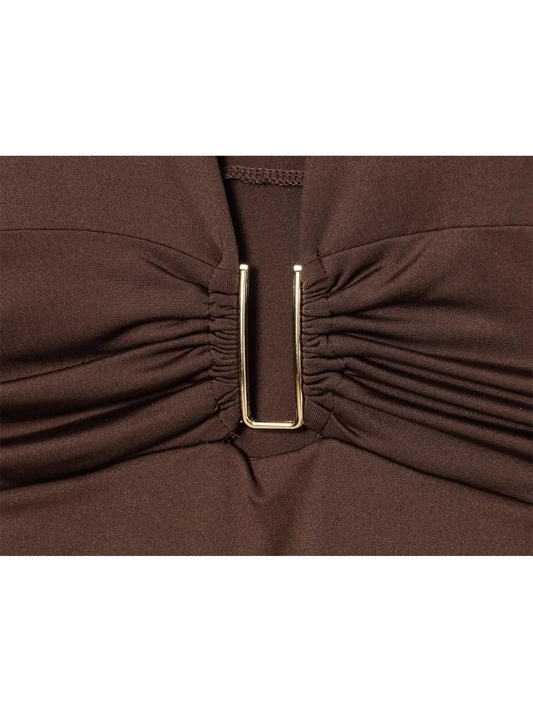 Spring New Women Bodysuit Fashion Long Sleeve Deep V Neck Slimming Elegant Solid Color Shirt Top Chic Folds Decoration Bodysuits