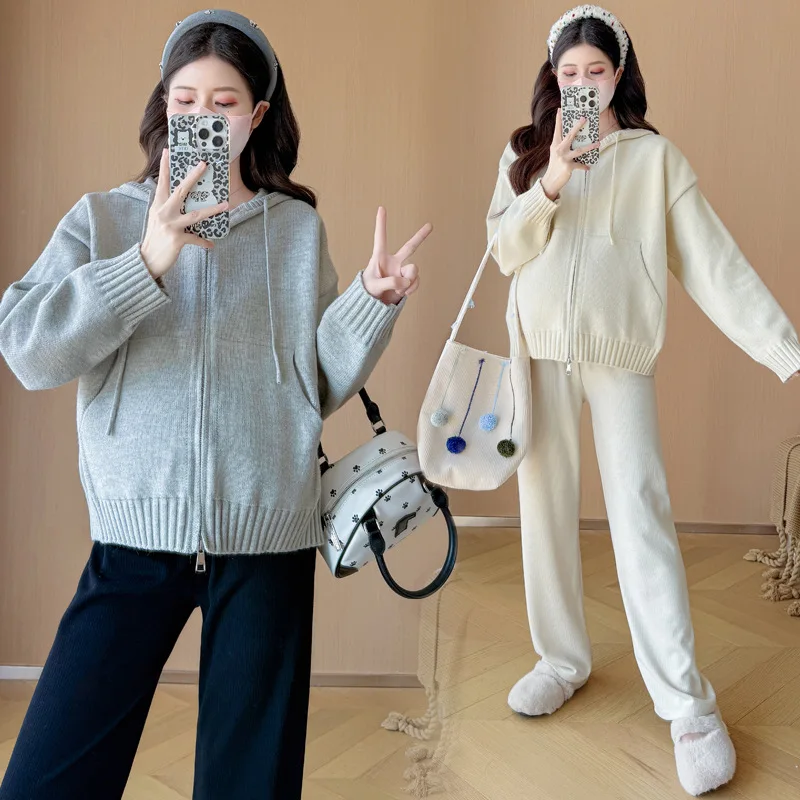 Pregnant Woman Korean Skinny Striped Sweater Cardigan Autumn Winter Casual Hoodie Jacket Maternity Outwear Stylish Coat