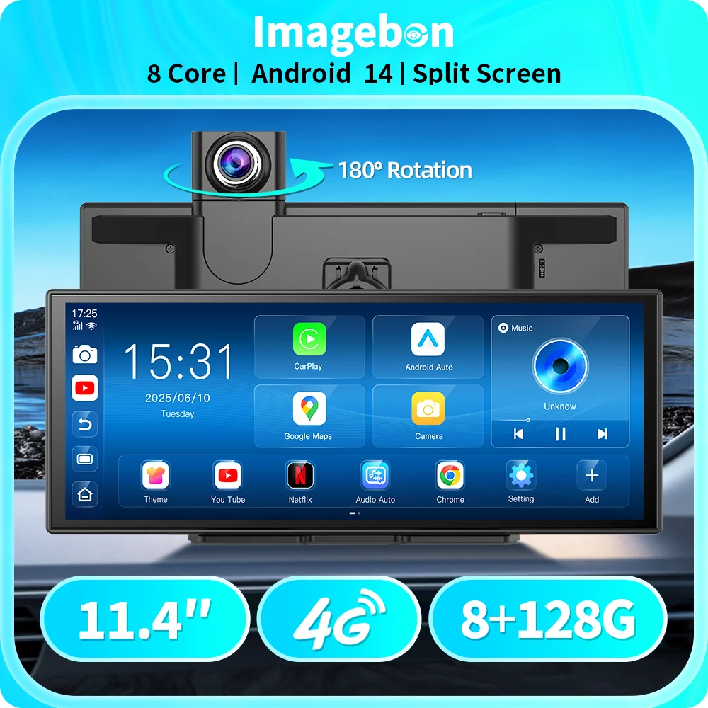 Imagebon M70 11.4" 4G Android 14 8+128G Dashcam 8 Core Wireless CarPlay & Android Auto Split Screen Remote Monitoring Car DVR 1