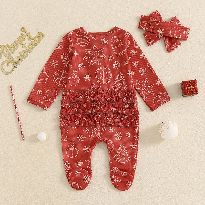 Baby Girls Christmas Jumpsuit Long Sleeve Gingerbread Man Snowman Candy Cane Print Romper with Headband