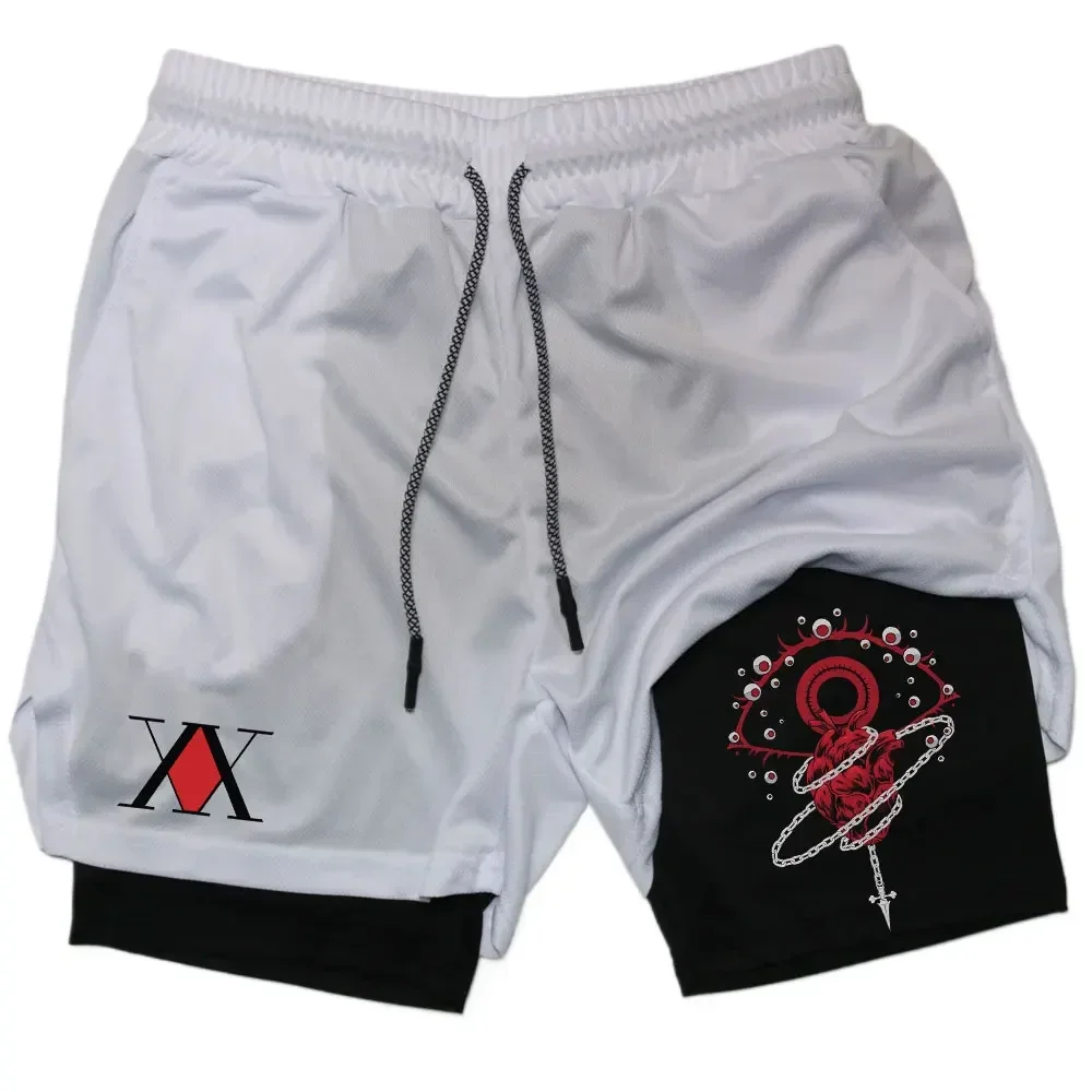 Pantalones Cortos Deportivos Hunter X Hunter para Hombre, 2 en 1, Pantalones Cortos de Compresión para Correr, Entrenamiento, Gimnasio, Secado Rápido, con Bolsillos