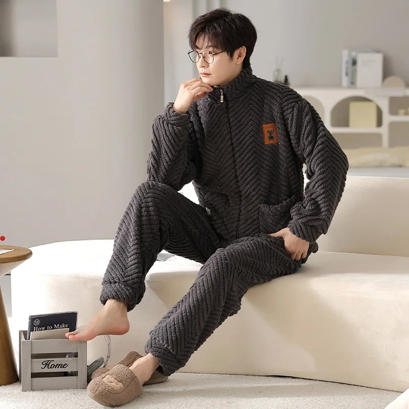 2023 Winter Long Sleeve Thick Warm Flannel Pajama Sets for Men Coral Velvet Cute Cartoon Sleepwear Suit Pyjamas Homewear Clothes
