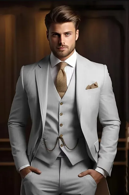 3 Piece Fashion Beige Suits Men Formal Party Business Blazer Shawl Lapel Wedding Groom Tuxedo Jacket Vest Pants Costume Homme formal suit business men clothing