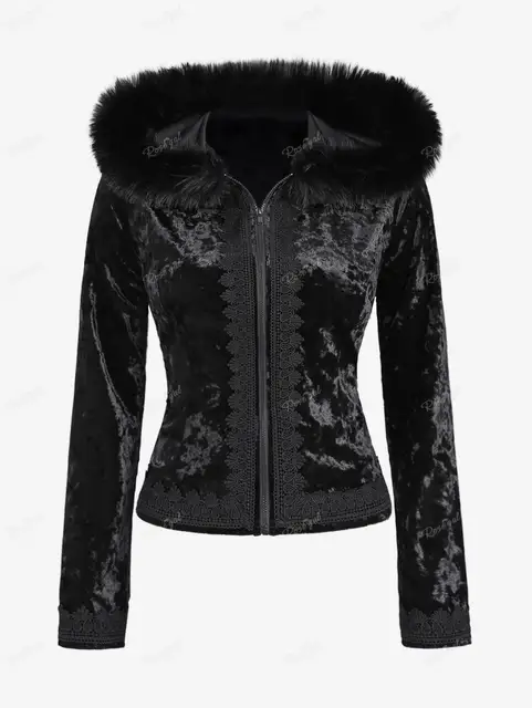 ROSEGAL Plus Size Gothic Fur Coats Black Full Zipper Applique Panel Fur Trim Fluffy Collar Long Sleeves Velvet Coat Outwears 2