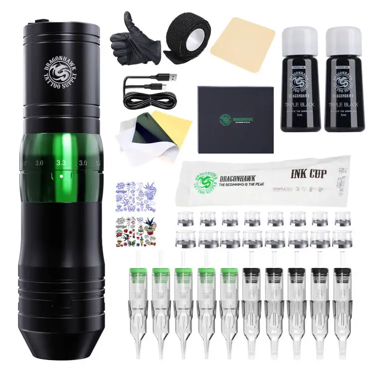 Dragonhawk AMOR Adjustable Stroke Coreless Motor Wireless Tattoo Pen Cartridge Tattoo Needle and Ink Machine Kit Complete